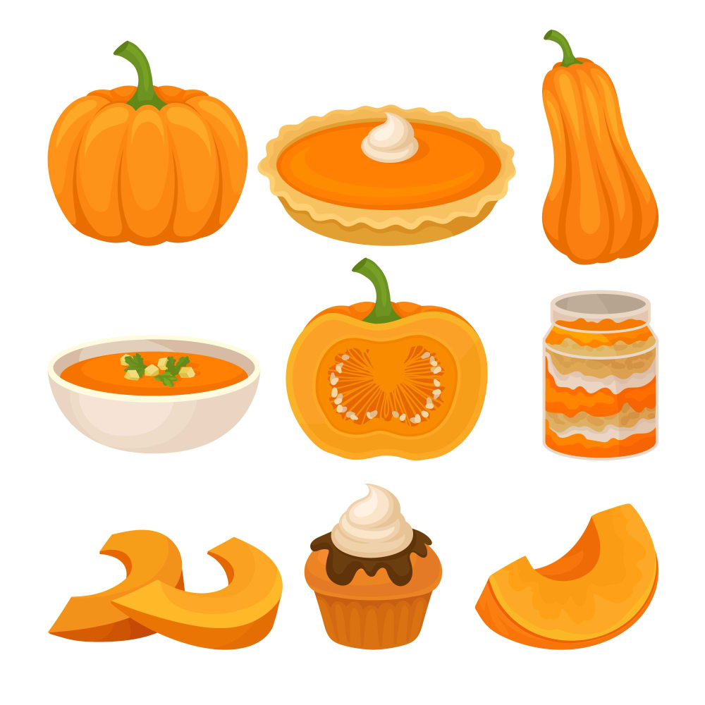 مجموعه غذاهای خوشمزه کدو تنبل(tasty pumpkin dishes set fresh ripe pumpkin)