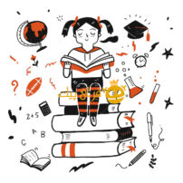 طرح دختر دانشجوی جوان در حال خواندن کتاب