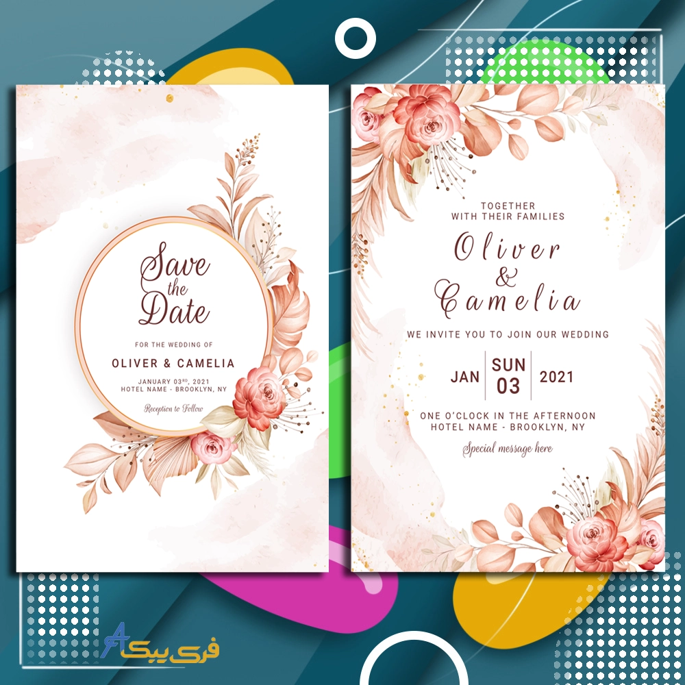 ست قالب دعوت عروسی با تزیین گل(Wedding invitation template set with flower decoration)