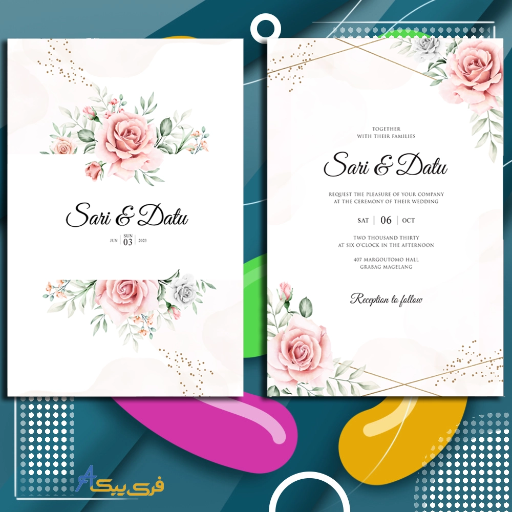 قالب کارت دعوت عروسی با آبرنگ گل(Wedding invitation card template with watercolor flowers)
