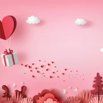 جعبه هدیه با بادکنک قلبی که روی آسمان شناور است، بنرهای روز ولنتاین مبارک، سبک هنری کاغذی