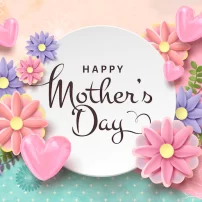 قالب کارت تبریک روز مادر با گل های کاغذی و بادکنک های فویلی شکل قلب