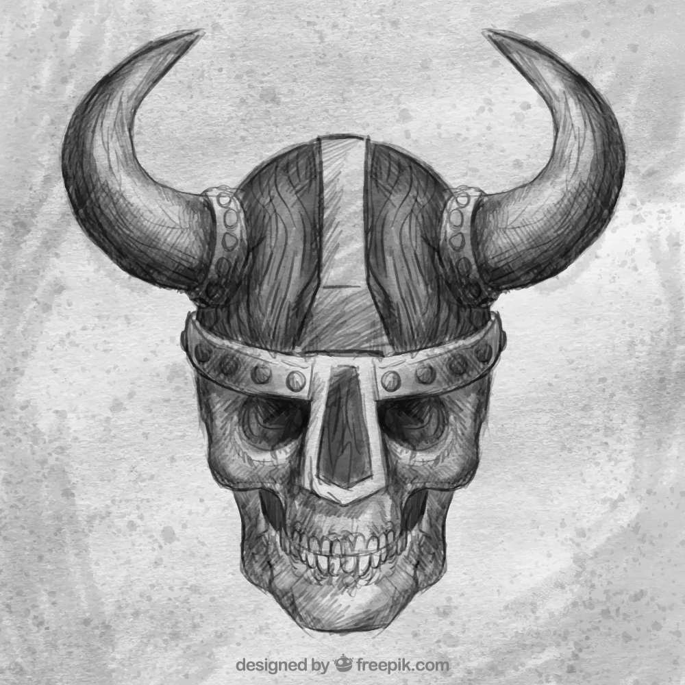 طرح جمجمه با کلاه وایکینگ(Skull sketch with viking helmet)