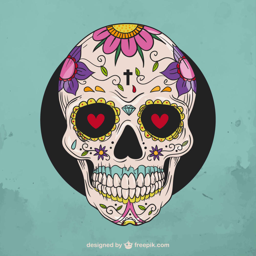 نقاشی جمجمه قندی گلدار(Hand drawn floral sugar skull)