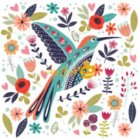 تصویر رنگارنگ پرنده و گل های عامیانه زیبا