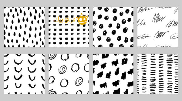 مجموعه ای از الگوهای بدون درز سیاه و سفید با نشانگر و جوهر