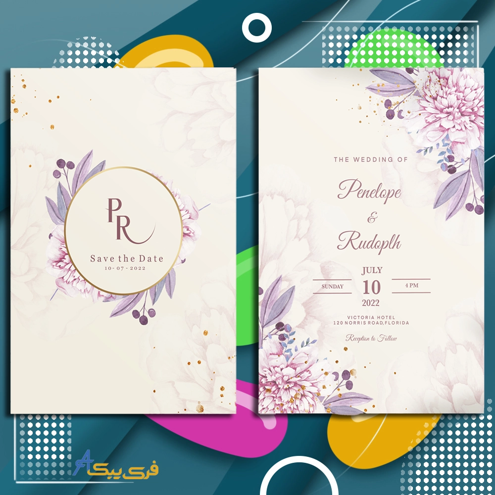 قالب دعوت عروسی با گل بنفش(Wedding invitation template with purple flowers)