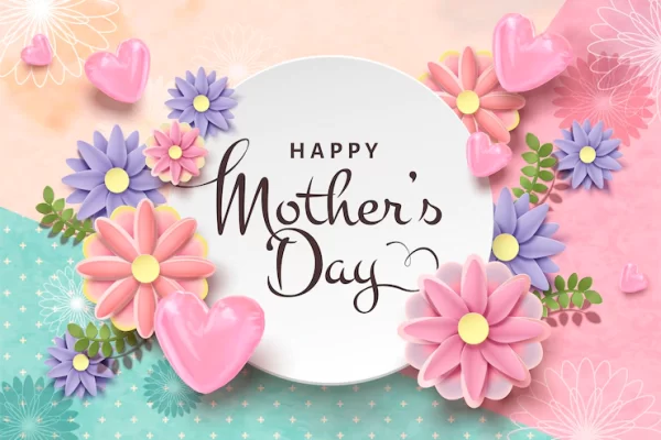 قالب کارت تبریک روز مادر با گل های کاغذی و بادکنک های فویلی شکل قلب