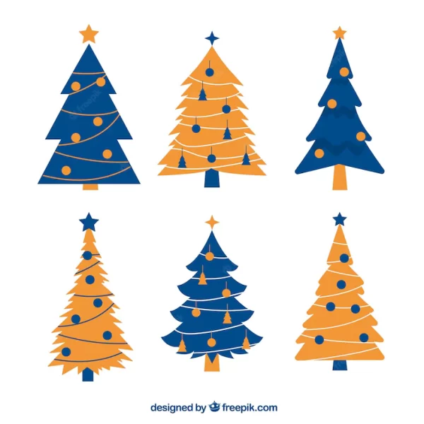 مجموعه ای قدیمی از درختان کریسمس آبی و زرد