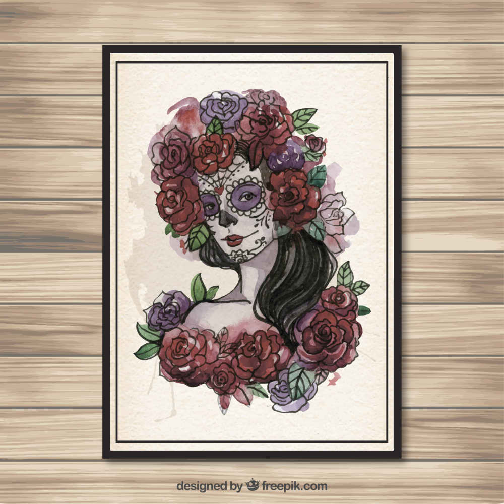 نقاشی پوستر جمجمه کاترینا(Hand painted Catrina skull poster)