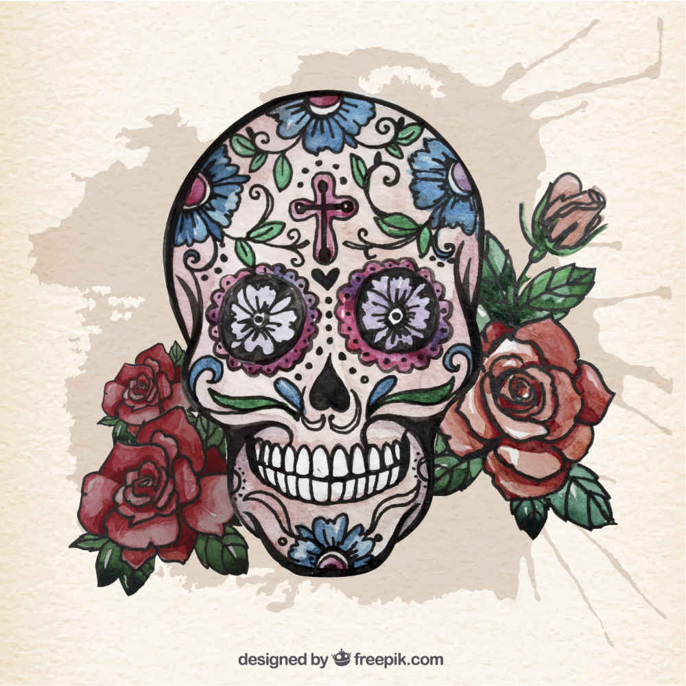 جمجمه قندی آبرنگ با گل رز(Watercolor sugar skull with roses)