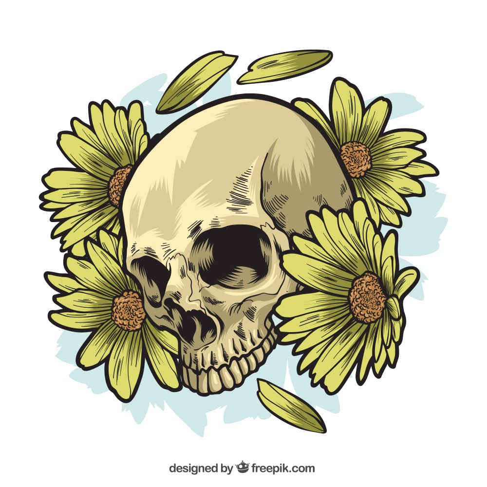نقاشی جمجمه با گل های مروارید(Skull with hand drawn daisies)