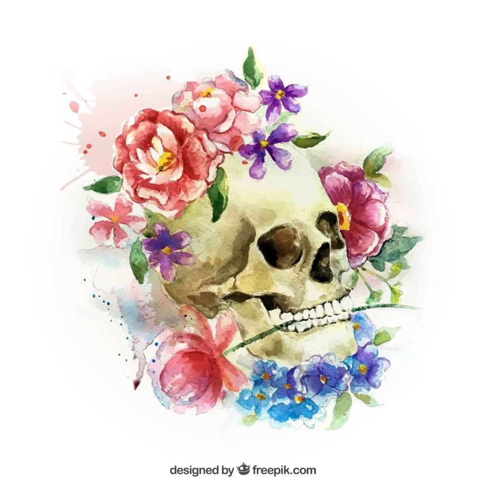 طرح جمجمه آبرنگ با گل(Watercolor skull with flowers)